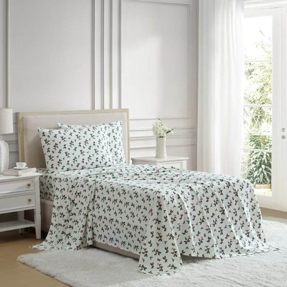 Lenox 6 Piece Flannel Sheet Set King Holly Green 100% Cotton Holiday Bedding